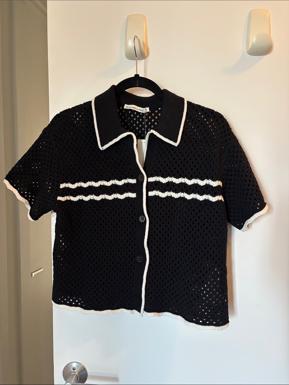 Abercrombie & Fitch Black Crochet Button-Down Top with White Trim